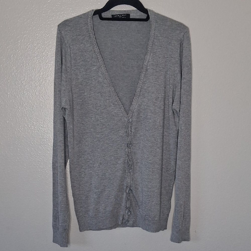 Zara Man Long Sweater Cardigan Classic Sport Preppy Lightweight Gray Long Sleeve